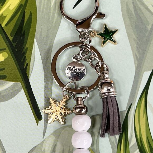 HOPE White Christmas Keychain Bag Charm Multi Suede Tassel Star Snowflake Swivel - Picture 3 of 8